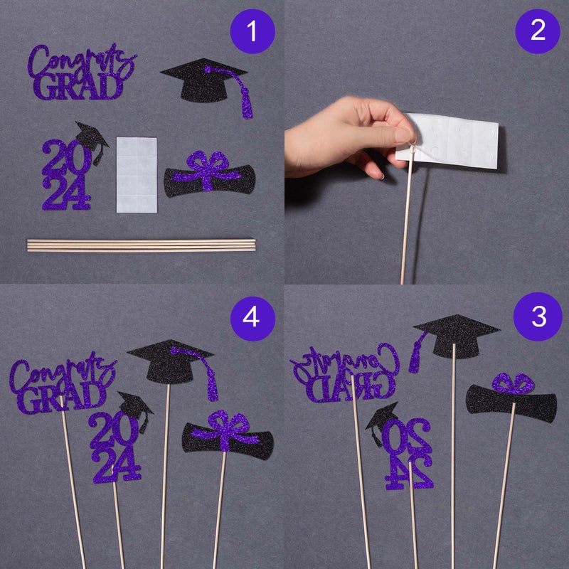 Gexolenu 16 PCS Purple and Black Double-Sided 2024 Graduation Centerpieces for Tables, 2024 Table Toppers Party Centerpiece Sticks Party Supplies, Graduation Party Decorations Class of 2024, Set of 4 - Image 4